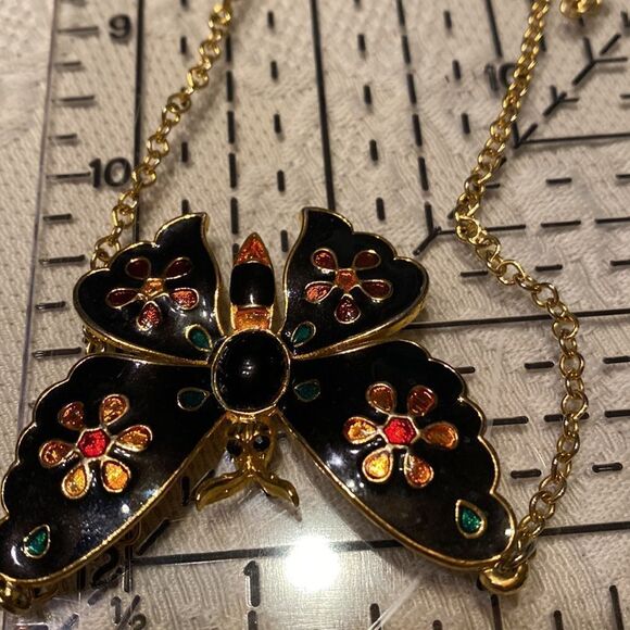 Vintage Black Cloisonné Enamel Butterfly Necklace - Picture 4 of 8